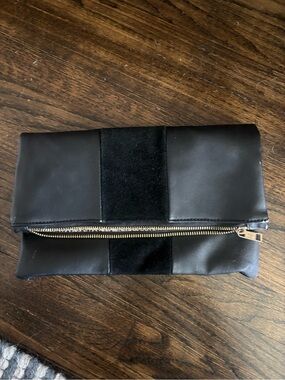 Black Foldover Zip Clutch with Center Suede Panel and Cheetah Print Interior